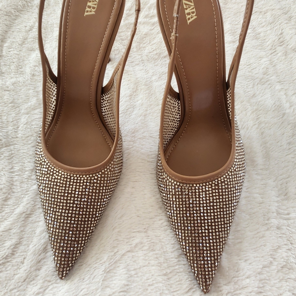 Zara Tan Rhinestone Slingback Heels (NWOT)